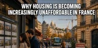 Apartment buildings and residential neighborhoods in Paris illustrating France's growing housing affordability crisis.