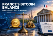 How France Regulates Bitcoin Without Banning It France Bitcoin regulation concept showing the French government, Bitcoin symbol, euro currency, and European crypto rules
