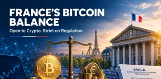 France Bitcoin regulation concept showing the French government, Bitcoin symbol, euro currency, and European crypto rules