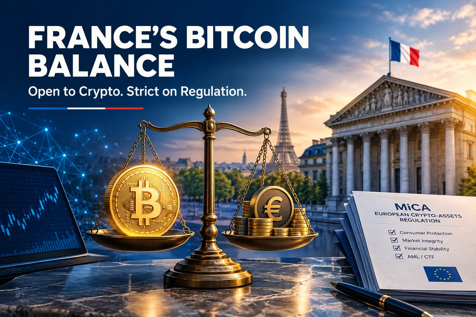 How France Regulates Bitcoin Without Banning It France Bitcoin regulation concept showing the French government, Bitcoin symbol, euro currency, and European crypto rules