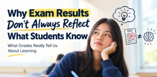 Why Exam Results Don’t Always Reflect What Students Know Students taking an examination in a classroom as a teacher supervises the test.