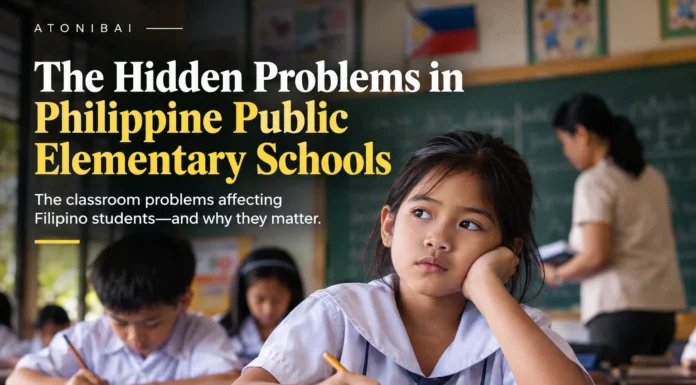 Philippine public elementary school classroom highlighting challenges in teaching quality, student learning, teacher workload, and education accountability.