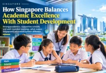 Singapore primary school students learning together in a classroom with their teacher.