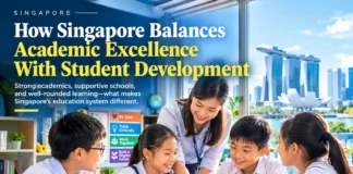 Singapore primary school students learning together in a classroom with their teacher.