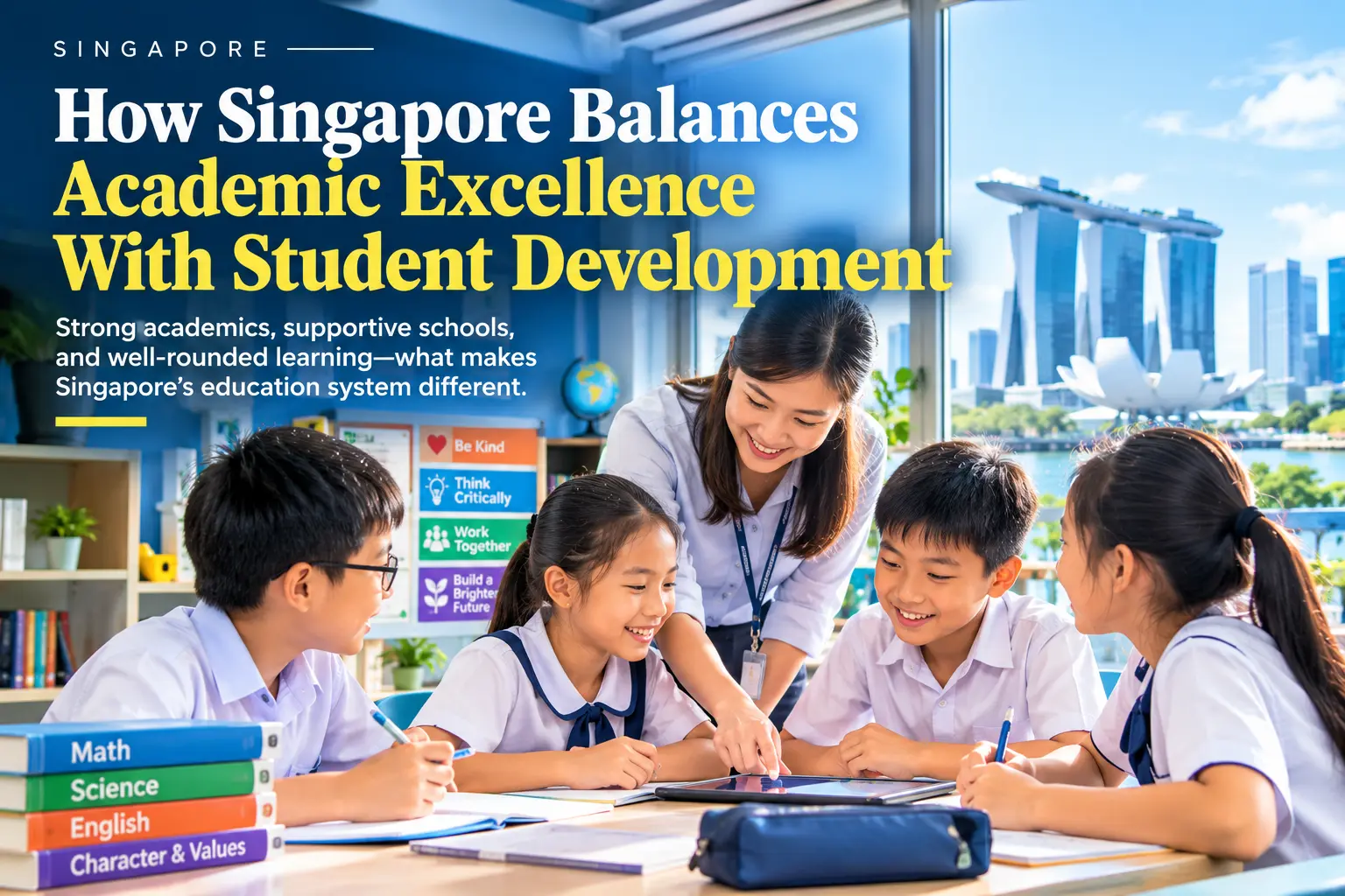 How Singapore Balances Academic Excellence With Student Development Singapore primary school students learning together in a classroom with their teacher.
