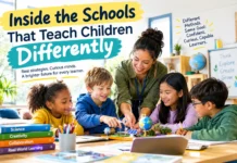Inside the Schools That Teach Children Differently Teacher guiding students through a hands-on group activity in a classroom designed for collaborative learning.