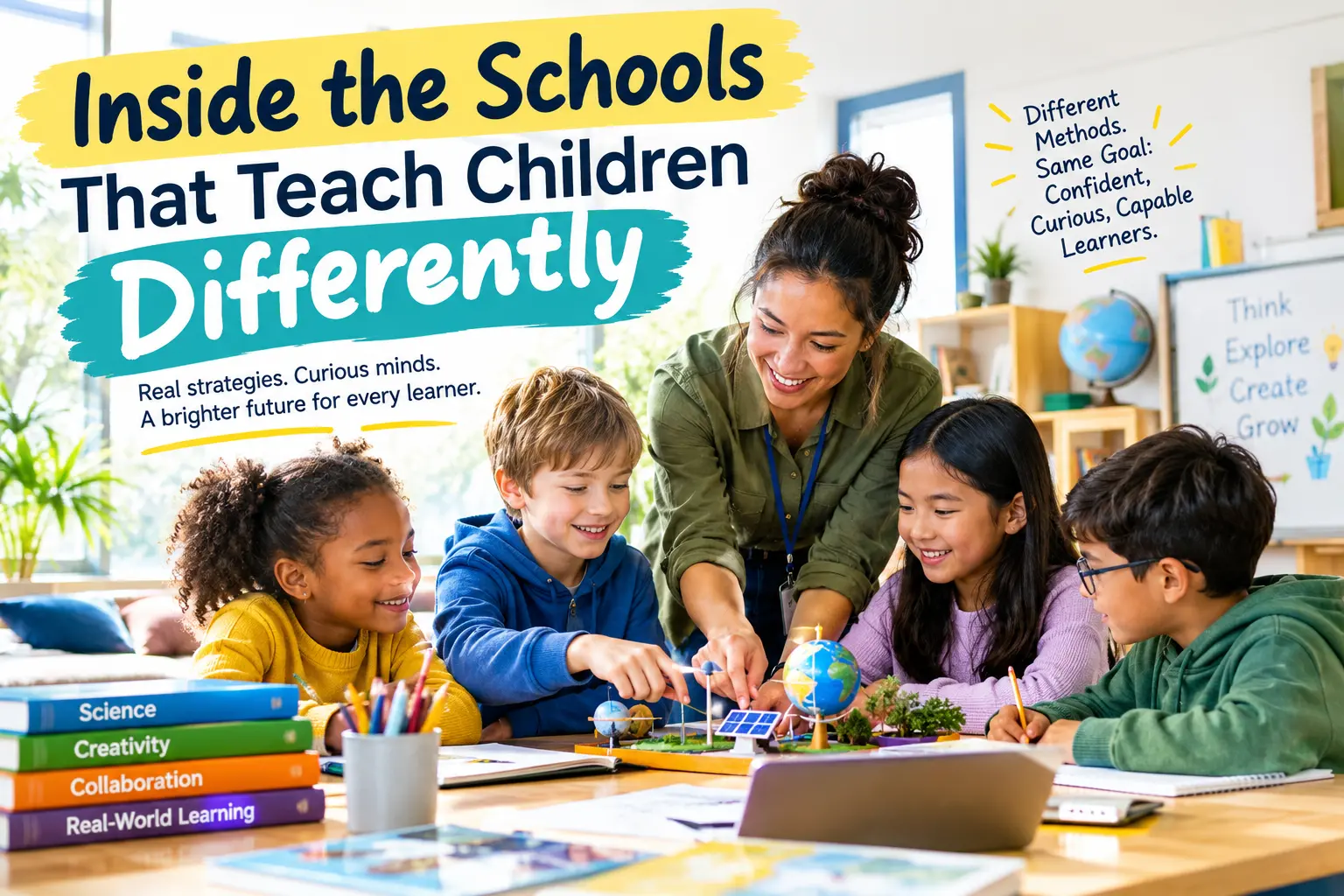 Inside the Schools That Teach Children Differently Teacher guiding students through a hands-on group activity in a classroom designed for collaborative learning.