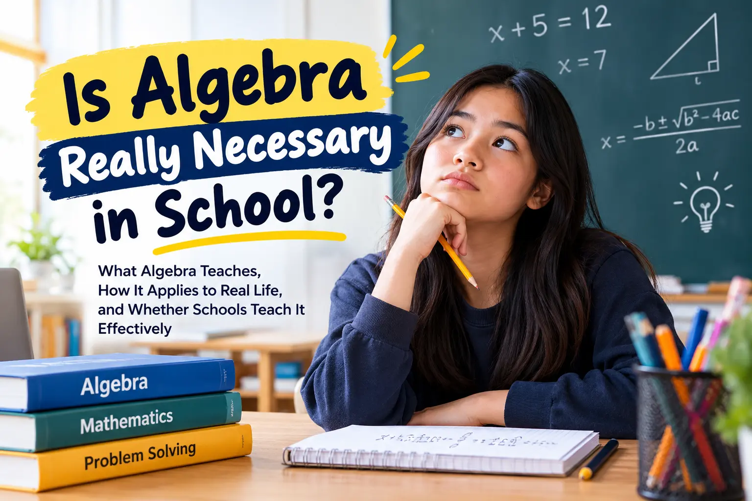 Is Algebra Really Necessary in School? A student solving equations on a classroom whiteboard, capturing the tension between abstract mathematical concepts and their practical applications in everyday life.