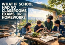 Could Schools Work Without Classrooms, Exams, or Homework? Students learning through practical activities outside a traditional classroom, illustrating an alternative approach to education without conventional exams or homework.