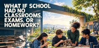 Students learning through practical activities outside a traditional classroom, illustrating an alternative approach to education without conventional exams or homework.