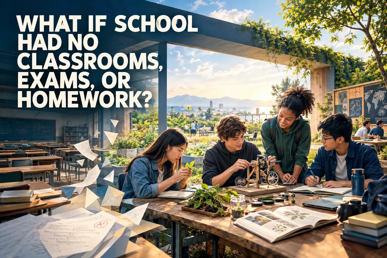 What If School Had No Classrooms, Exams, or Homework? Students learning through practical activities outside a traditional classroom, illustrating an alternative approach to education without conventional exams or homework.