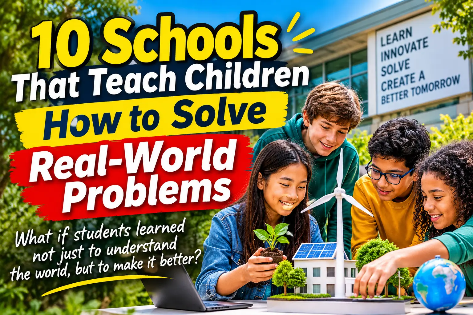 10 Schools That Teach Children How to Solve Real-World Problems Students collaborating on a practical school project to develop a solution to a real-world problem.