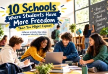 10 Schools Where Students Have More Freedom Than You Might Expect Students participating in a collaborative learning activity in a school that encourages independence and student choice.