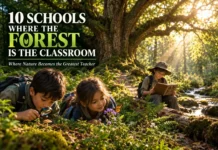 Children exploring a woodland during an outdoor forest school lesson.
