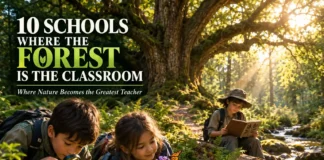 Children exploring a woodland during an outdoor forest school lesson.