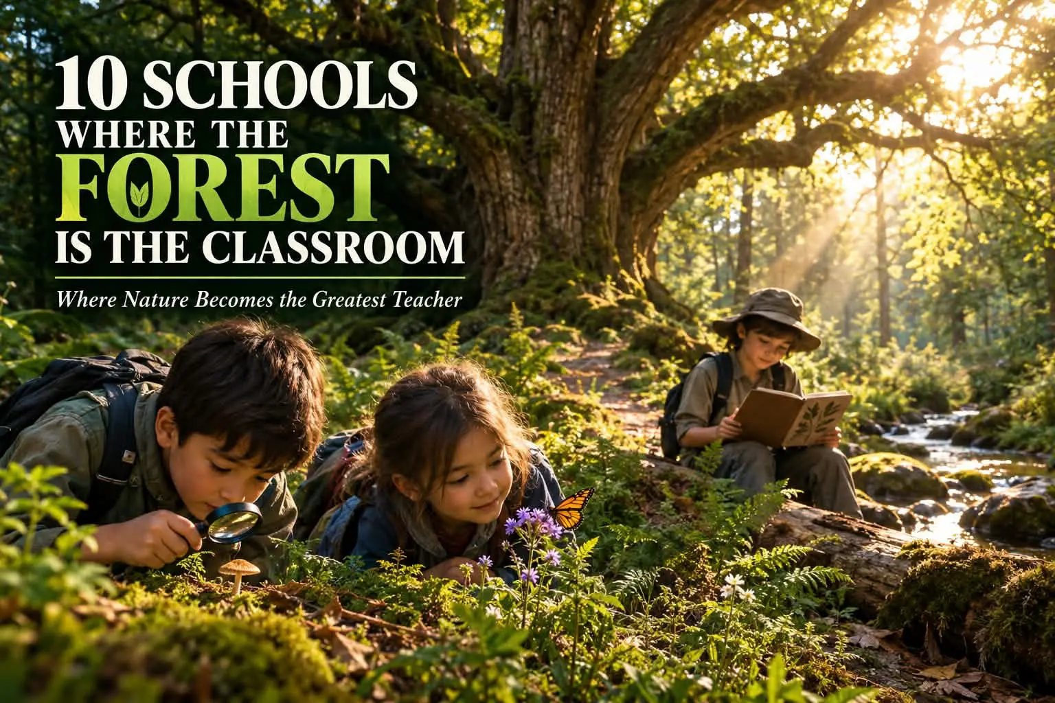 10 Schools Where the Forest Is the Classroom Children exploring a woodland during an outdoor forest school lesson.