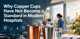 An antique copper drinking cup and a modern stainless-steel tumbler illustrate questions about antimicrobial properties, material safety, and the use of copper in healthcare settings.