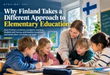 Finnish elementary students learning together in a bright classroom with their teacher.