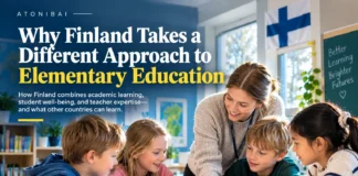Finnish elementary students learning together in a bright classroom with their teacher.