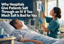 A bag of intravenous normal saline in a hospital, illustrating why doctors administer sodium chloride for specific medical conditions.