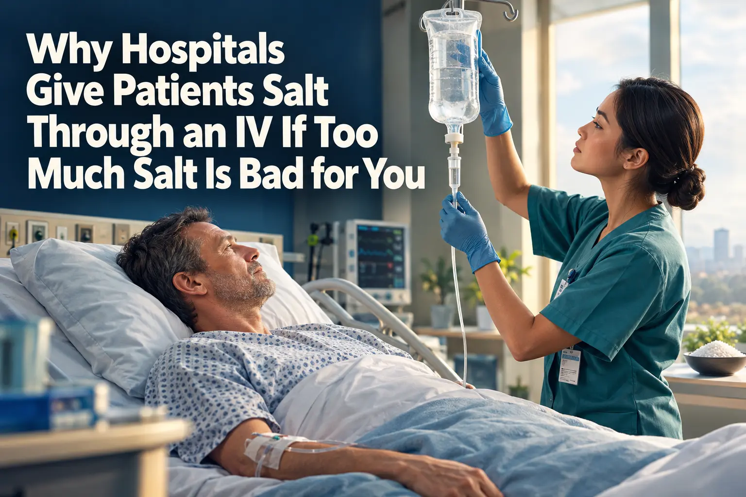 Why Hospitals Give Patients Salt Through an IV If Too Much Salt Is Bad for You A bag of intravenous normal saline in a hospital, illustrating why doctors administer sodium chloride for specific medical conditions.
