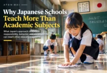 Japanese elementary school students cleaning their classroom and learning shared responsibility.