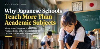 Japanese elementary school students cleaning their classroom and learning shared responsibility.