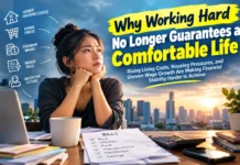 Why Working Hard No Longer Guarantees a Comfortable Life Worker reviewing household bills at a desk, illustrating financial pressure from rising living expenses despite working hard.
