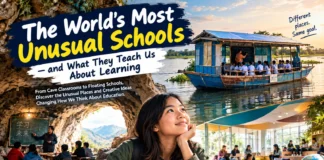 Unusual school environments illustrating floating classrooms, remote learning, and innovative school architecture around the world.